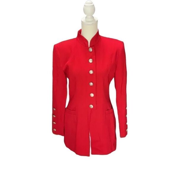VTG N.I.C New York Red Ribbed Fitted Jacket Shoulder Pads Button Front Sz 4 - Picture 1 of 10